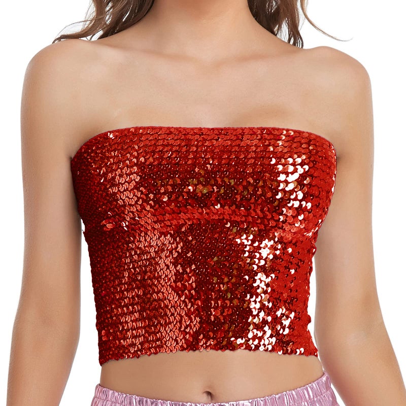 Fenyong Womens Sparkly Sequin Mermaid Crop Tops, Strapless Metallic Tube Tops for Party Clubwear(Red) - Image 1